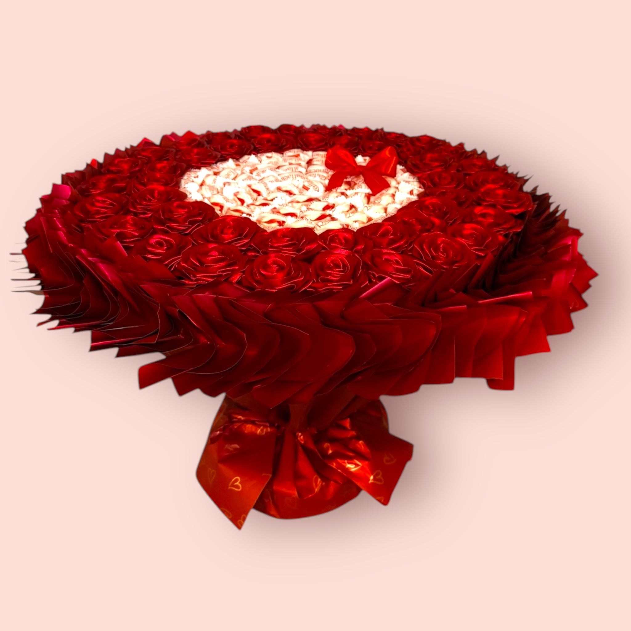 Elegancki bukiet z Rafaello i różami z wstążki – prezent pełen klasy